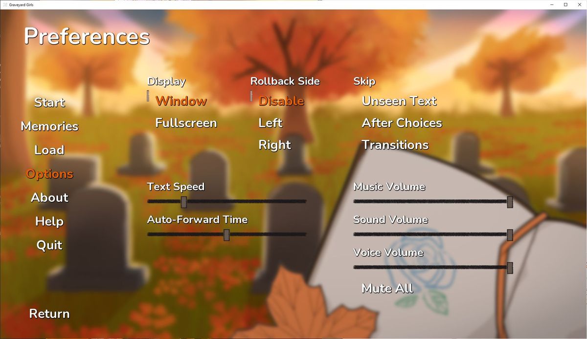 Graveyard Girls (Windows) screenshot: The in-game configuration options