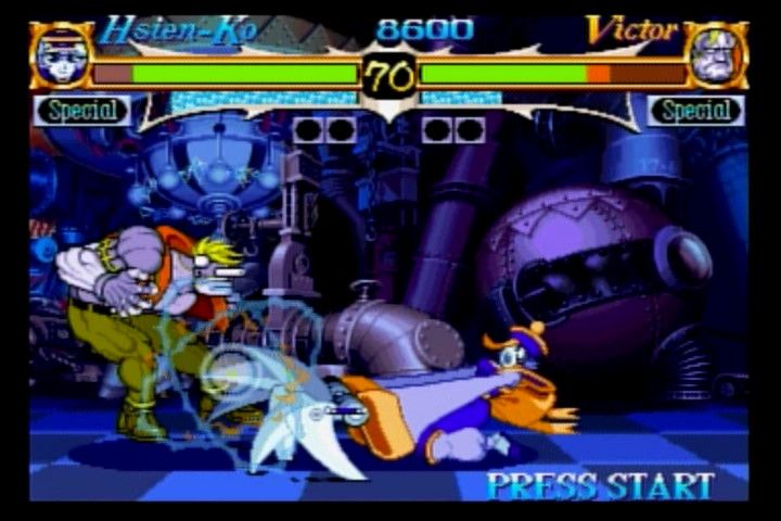 Night Warriors: Darkstalkers' Revenge (SEGA Saturn) screenshot: Hsien-Ko vs. Victor