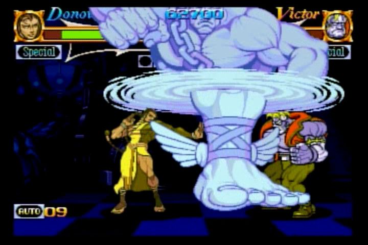 Night Warriors: Darkstalkers' Revenge (SEGA Saturn) screenshot: Donovan vs. Victor, Donovan summons a particularly powerful attack