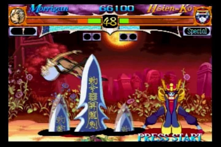 Night Warriors: Darkstalkers' Revenge (SEGA Saturn) screenshot: Morrigan vs. Hsien-Ko