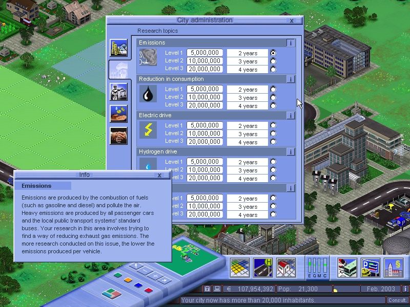 Mobility: A City in Motion (Windows) screenshot: Several research items will improve the efficiency of a city