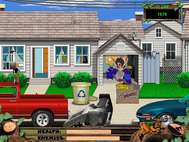 Deer Avenger 2: Deer in the City (Windows) screenshot: Armpit Estates -- took out mailman and working on the drummer in the garage.
