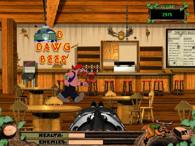 Deer Avenger 2: Deer in the City (Windows) screenshot: Swamp Ass Grill -- stereotypical biker patron