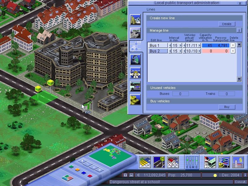 Mobility: A City in Motion (Windows) screenshot: Creating a new line is a matter of creating stations (or taking advantage of the already existing, link them, and putting enough vehicles so the line is never overcrowded)