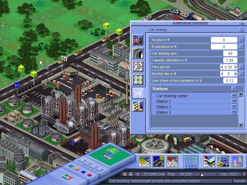 Mobility: A City in Motion (Windows) screenshot: "Alternative concepts" are expensive to setup, require a lot of study to be effective, but provide steady income and solve many problems in the city.