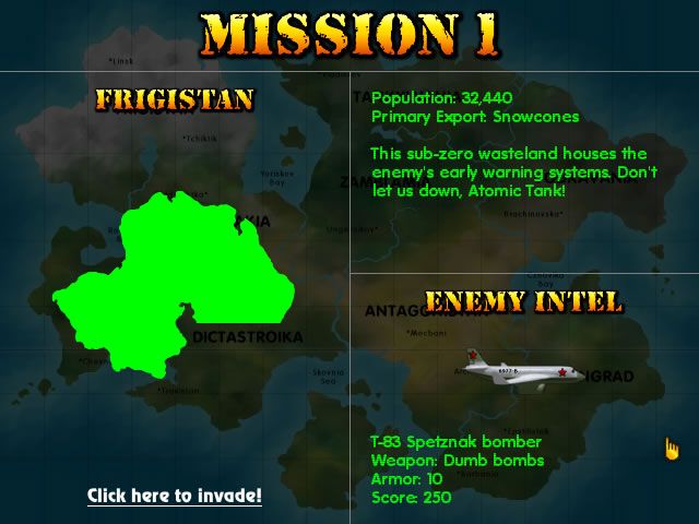 Heavy Weapon Deluxe (Windows) screenshot: Description of the first mission, in Frigistan