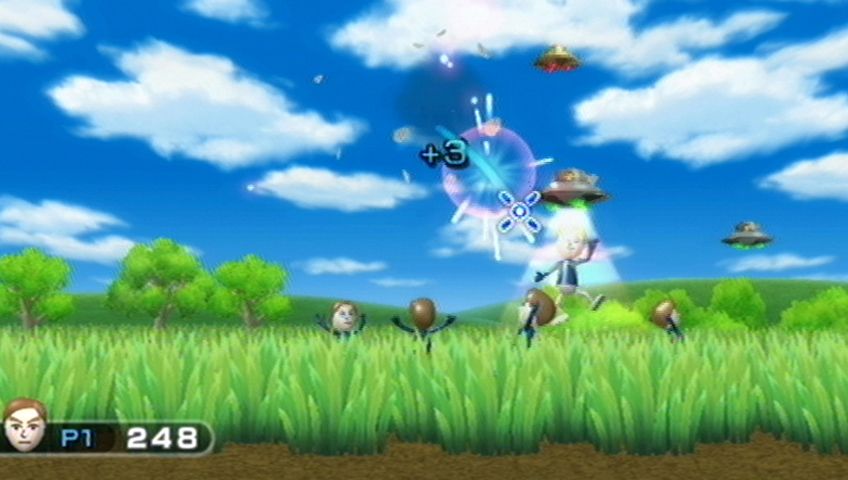 Wii Play (Wii) screenshot: Don't let the UFOs kidnap your Miis!