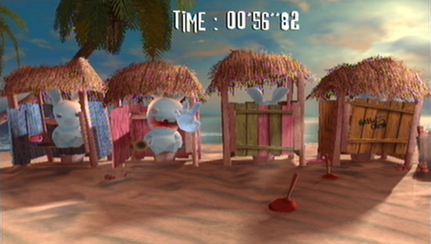 Rayman: Raving Rabbids (Wii) screenshot: Whack the toilet doors shut to preserve the Rabbids' modesty.