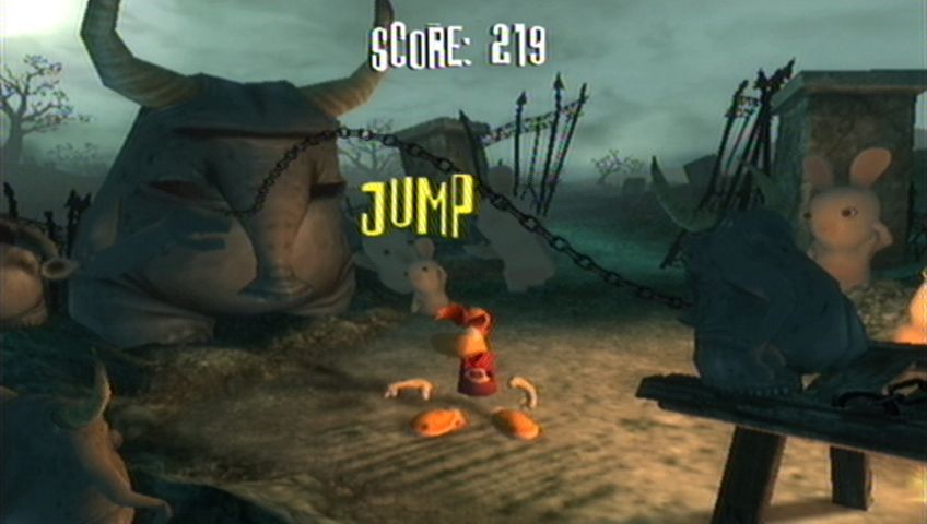 Rayman: Raving Rabbids (Wii) screenshot: Jump rope with frightening gargoyles.
