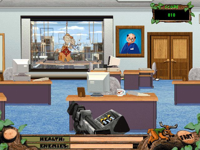 Deer Avenger 2: Deer in the City (Windows) screenshot: Business District -- taking on the window washer.