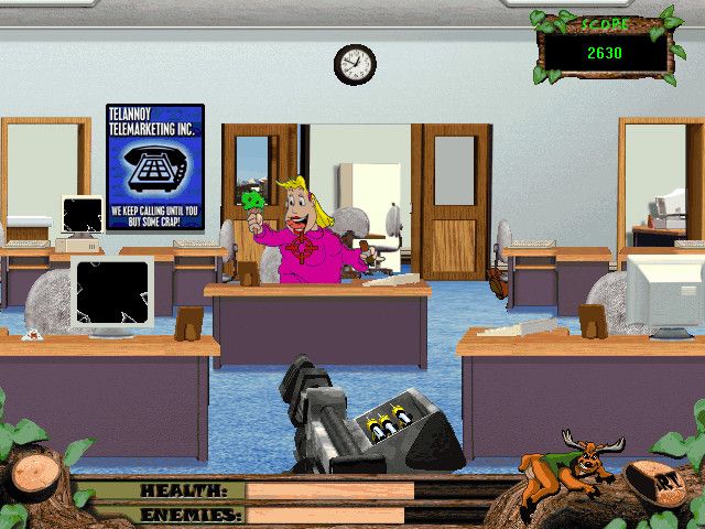 Deer Avenger 2: Deer in the City (Windows) screenshot: Business District -- the large, gossipy office lady