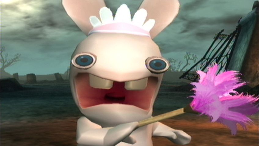 Rayman: Raving Rabbids (Wii) screenshot: A Rabbid is...dusting...a...cow?