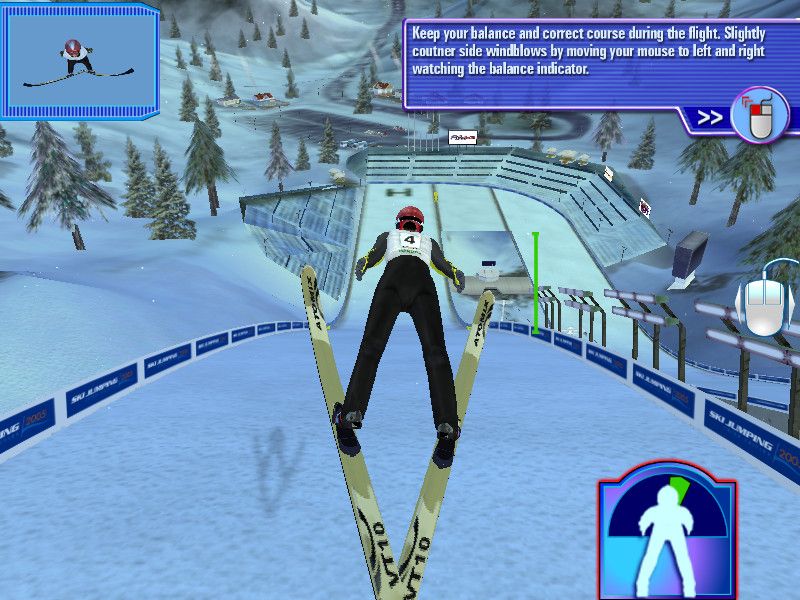 Ski Jumping 2004 (Windows) screenshot: Tutorial screen that freezes you in mid jump and explains what you're supposed to do next
