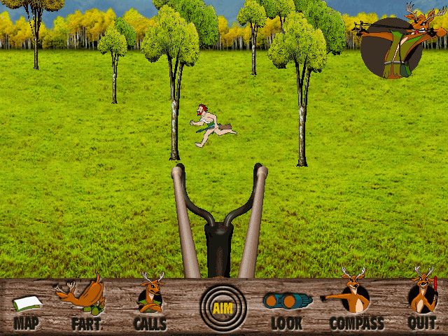 Deer Avenger (Windows) screenshot: Using the sling shot against the tree man, sort of a wild survivalist.