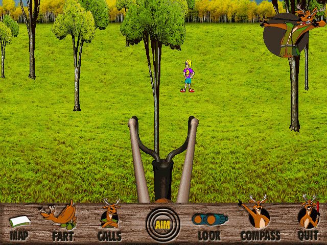 Deer Avenger (Windows) screenshot: Using the sling shot against the hippie tree hugger adversary.
