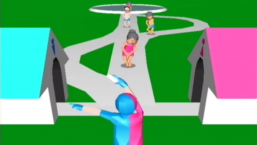 WarioWare: Smooth Moves (Wii) screenshot: Boss game - guide the men and women to the right toilets.