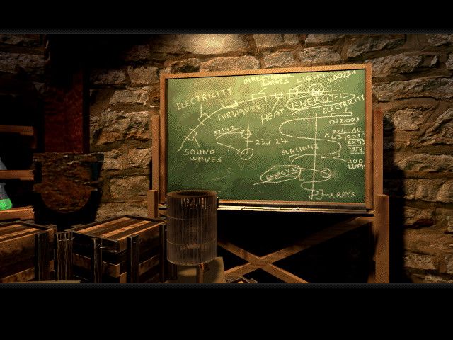 Frankenstein: Through the Eyes of the Monster (Windows 3.x) screenshot: A chalkboard filled with science-type stuff that Dr. Frankenstein would be happy to fill you in on.