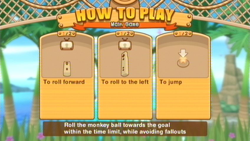 Super Monkey Ball: Banana Blitz (Wii) screenshot: How to play the main game.