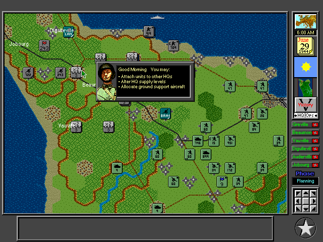 V for Victory: Battleset 1 - D-Day Utah Beach - 1944 (DOS) screenshot: Tips from the computer