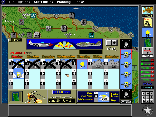 V for Victory: Battleset 1 - D-Day Utah Beach - 1944 (DOS) screenshot: Weather conditions over the mission's duration