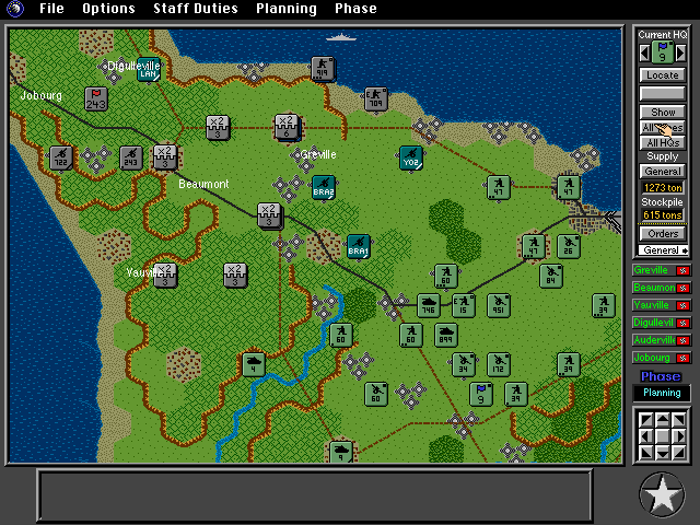 V for Victory: Battleset 1 - D-Day Utah Beach - 1944 (DOS) screenshot: Switching to the HQ menu in the top right