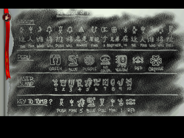 Ripley's Believe It or Not!: The Riddle of Master Lu (DOS) screenshot: A page from the journal showing very important symbols.