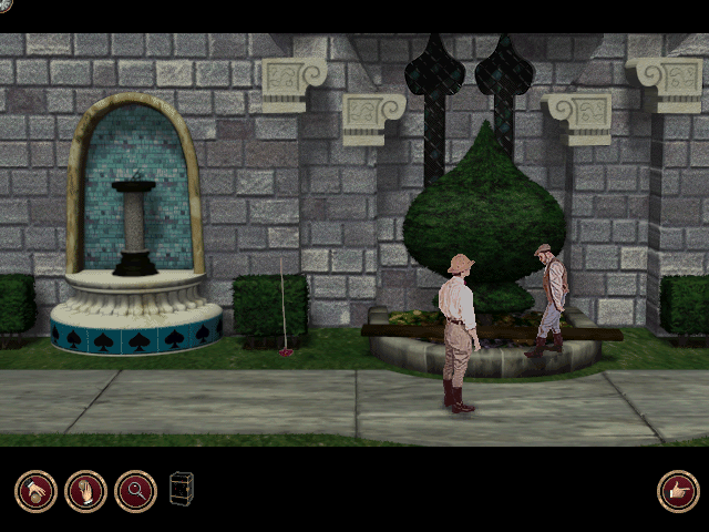 Ripley's Believe It or Not!: The Riddle of Master Lu (DOS) screenshot: Once again meet gardener Wolf by the Ace of Spades castle.