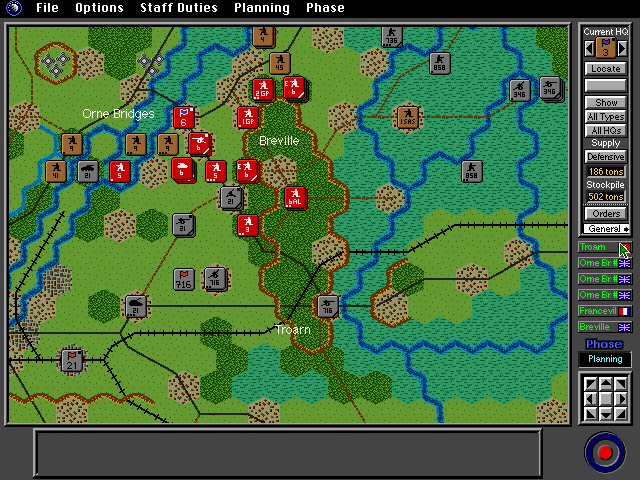 V for Victory: Gold-Juno-Sword (DOS) screenshot: HQ menu in the top right