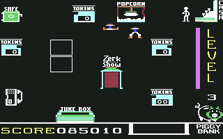 Spare Change (Commodore 64) screenshot: The Zerks are hanging around the popcorn machine