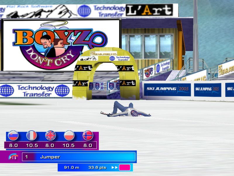 Ski Jumping 2004 (Windows) screenshot: Sliding to an embarrassing finish underneath a sign for another game developed by the same group as this one
