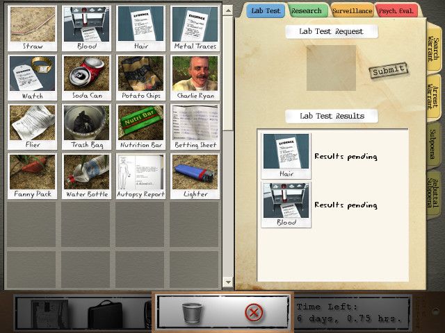 Law & Order: Dead on the Money (Windows) screenshot: Reviewing all the data in the case file, including 2 items that have been shipped to the lab for analysis