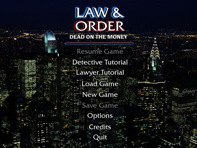 Law & Order: Dead on the Money (Windows) screenshot: Main menu