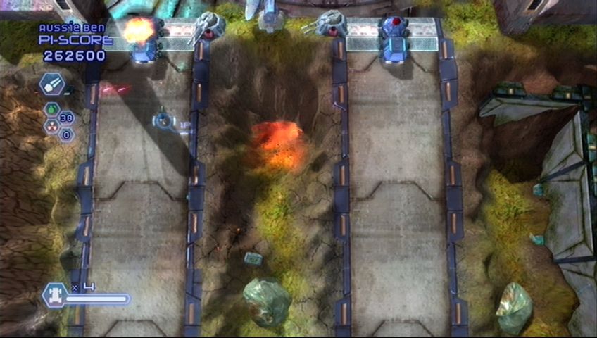 Assault Heroes (Xbox 360) screenshot: One tiny guy against an army of turrets!