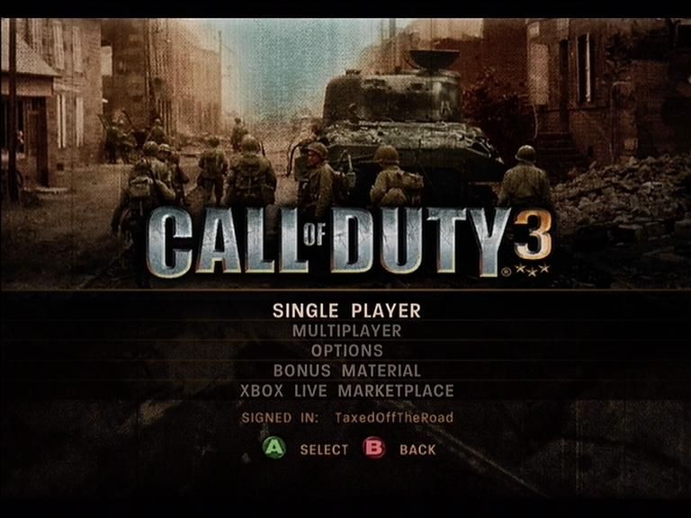 Call of Duty 3 (Xbox 360) screenshot: You can start a single player game or jump into multiplayer from this screen