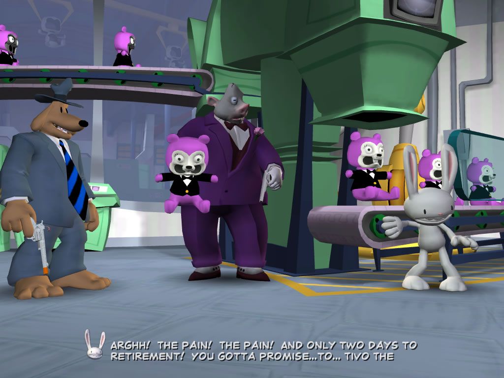 Sam & Max: Episode 3 - The Mole, the Mob, and the Meatball (Windows) screenshot: Inside the toy factory, with Max going for an Oscar.