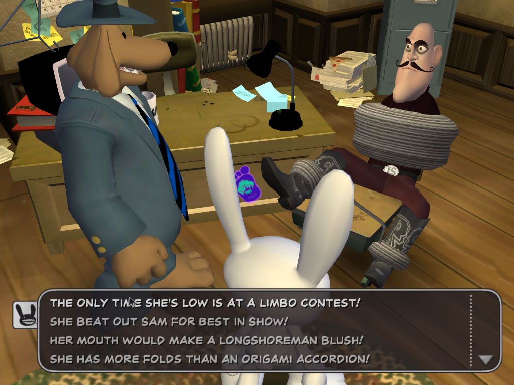 Sam & Max: Episode 3 - The Mole, the Mob, and the Meatball (Windows) screenshot: A new twist on the Monkey Island insult swordfighting game.