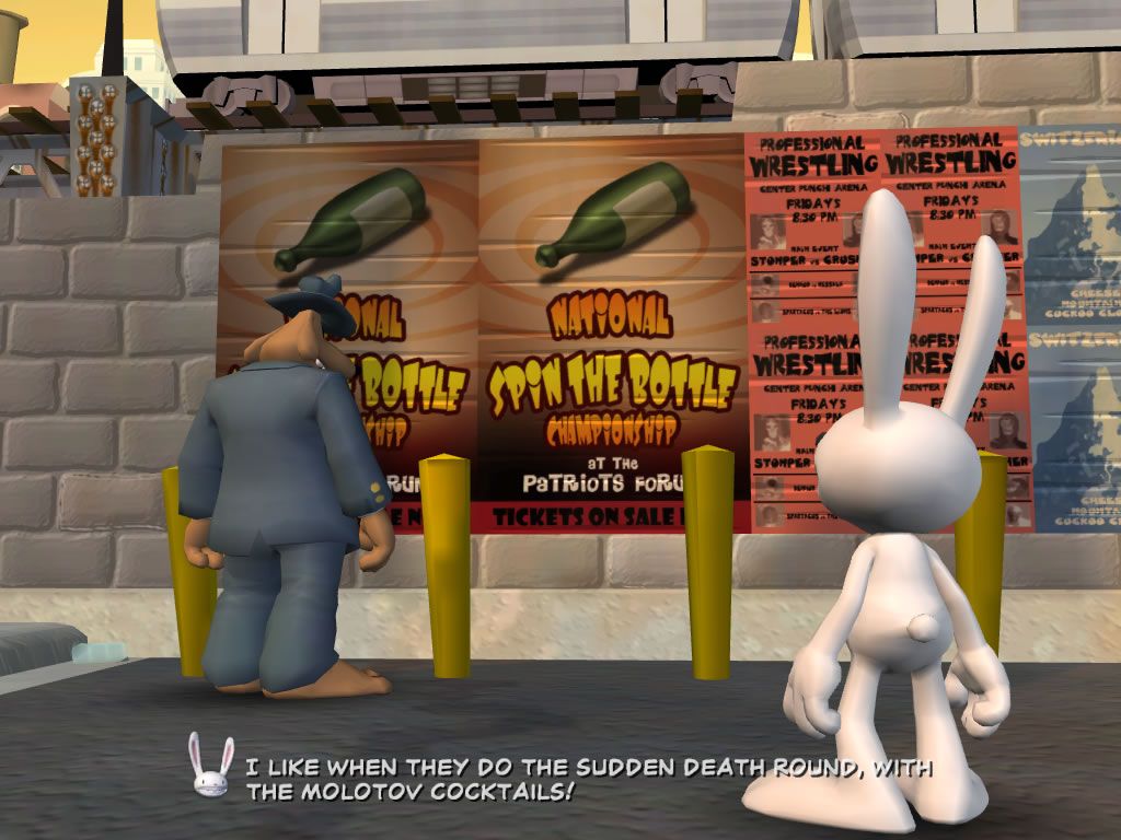 Sam & Max: Episode 3 - The Mole, the Mob, and the Meatball (Windows) screenshot: Watching a poster for the national spin the bottle championship.