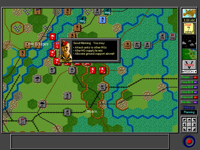 V for Victory: Gold-Juno-Sword (DOS) screenshot: Instructing the player of their capabilities