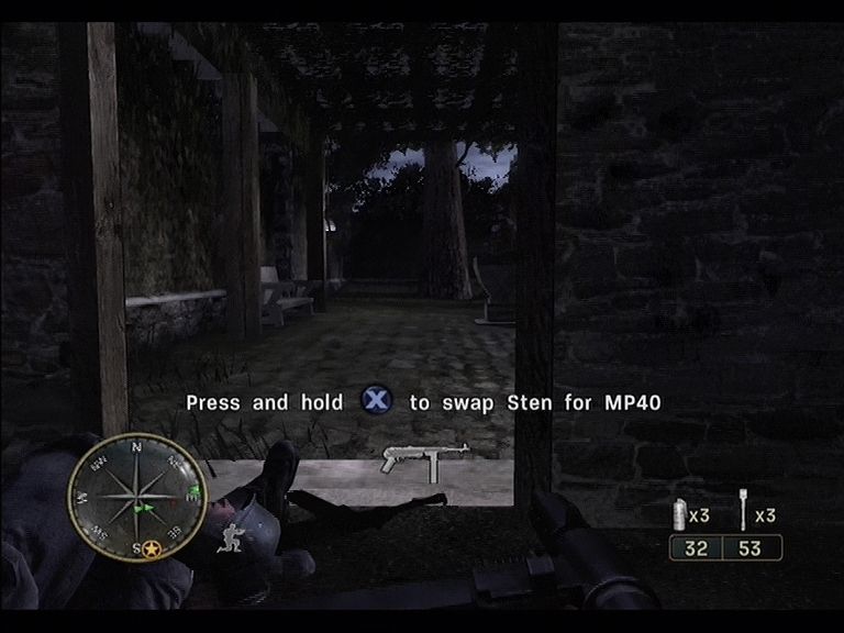 Call of Duty 3 (Xbox 360) screenshot: Weapons dropped from fallen enemies can be picked up and used