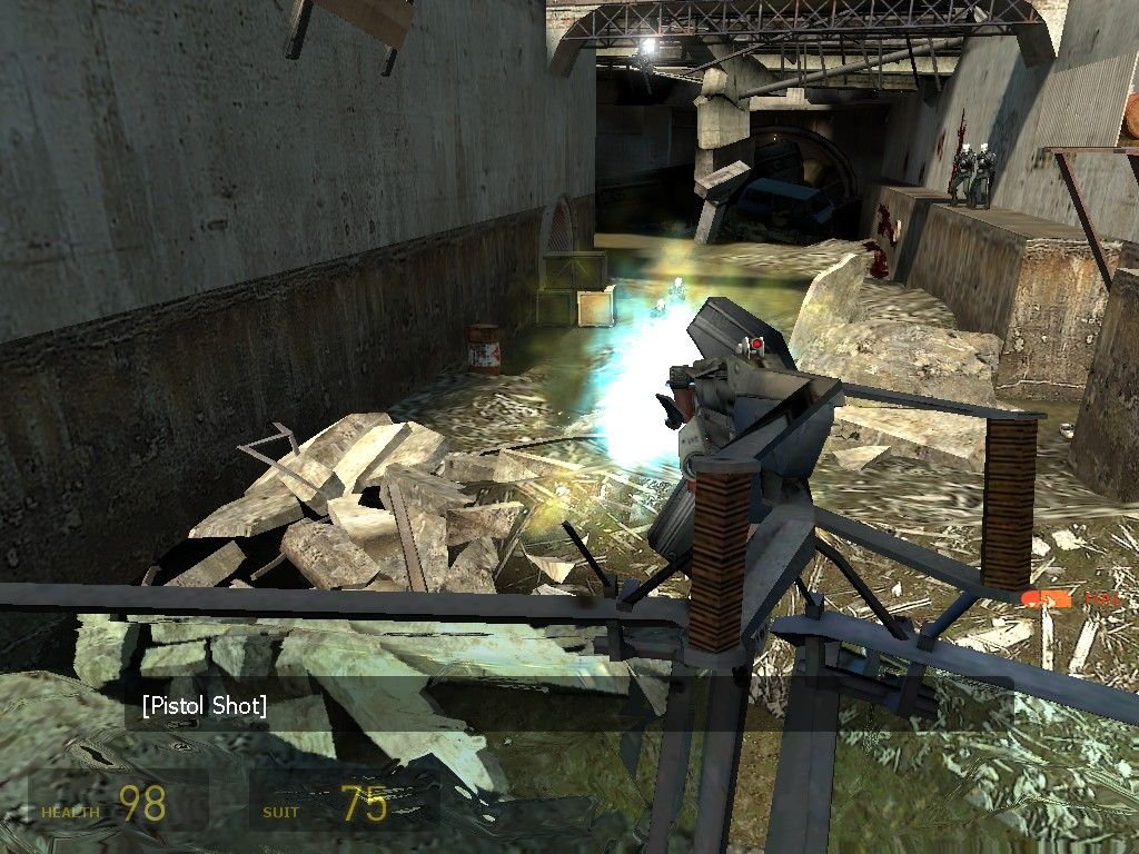 Half-Life 2 (Windows) screenshot: Using a mounted gun against poor, helpless Combine soldiers