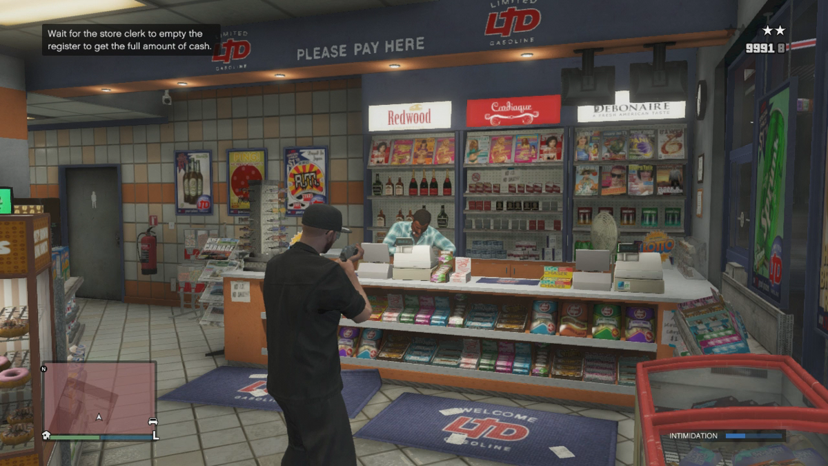 Grand Theft Auto V (Xbox 360) screenshot: Robbing a gas station. This activity is only available in online mode.
