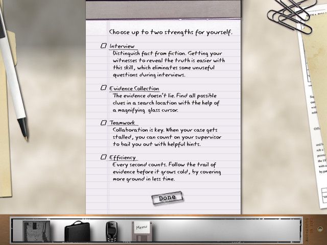 Law & Order: Dead on the Money (Windows) screenshot: Before jumping into the action, the game asks what kind of strengths your detective character should emphasize