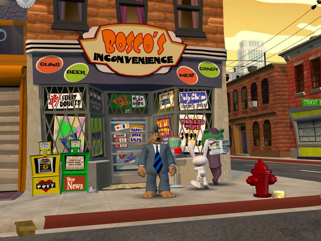 Sam & Max: Episode 3 - The Mole, the Mob, and the Meatball (Windows) screenshot: Outside Bosco's store, with a mafia member eavesdropping.