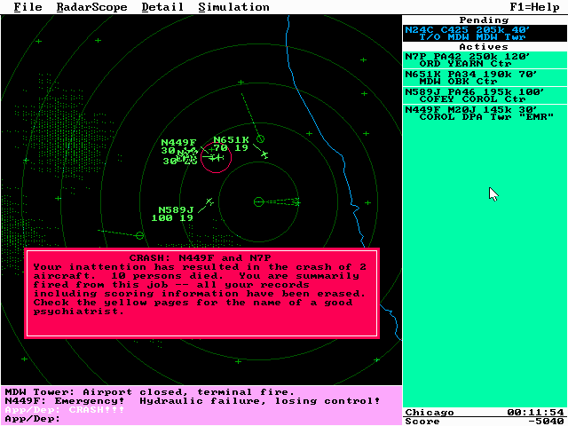 Tracon II (DOS) screenshot: If you're responsible for a crash, you're fired and all scores are deleted.