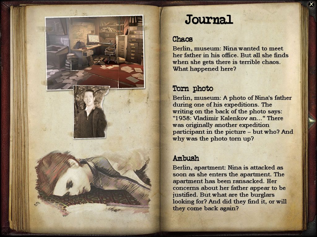 Secret Files: Tunguska (Windows) screenshot: Important events and clues are stored in a journal.