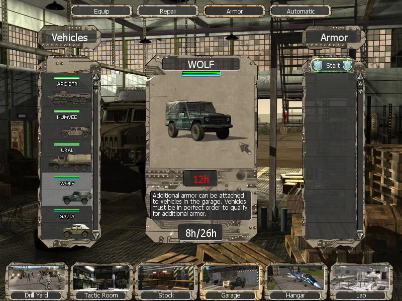 Soldiers of Anarchy (Windows) screenshot: Garage - armor: upgrade your vehicle's armor to make it more durable. Limited time slot for each vehicle armor upgrade.