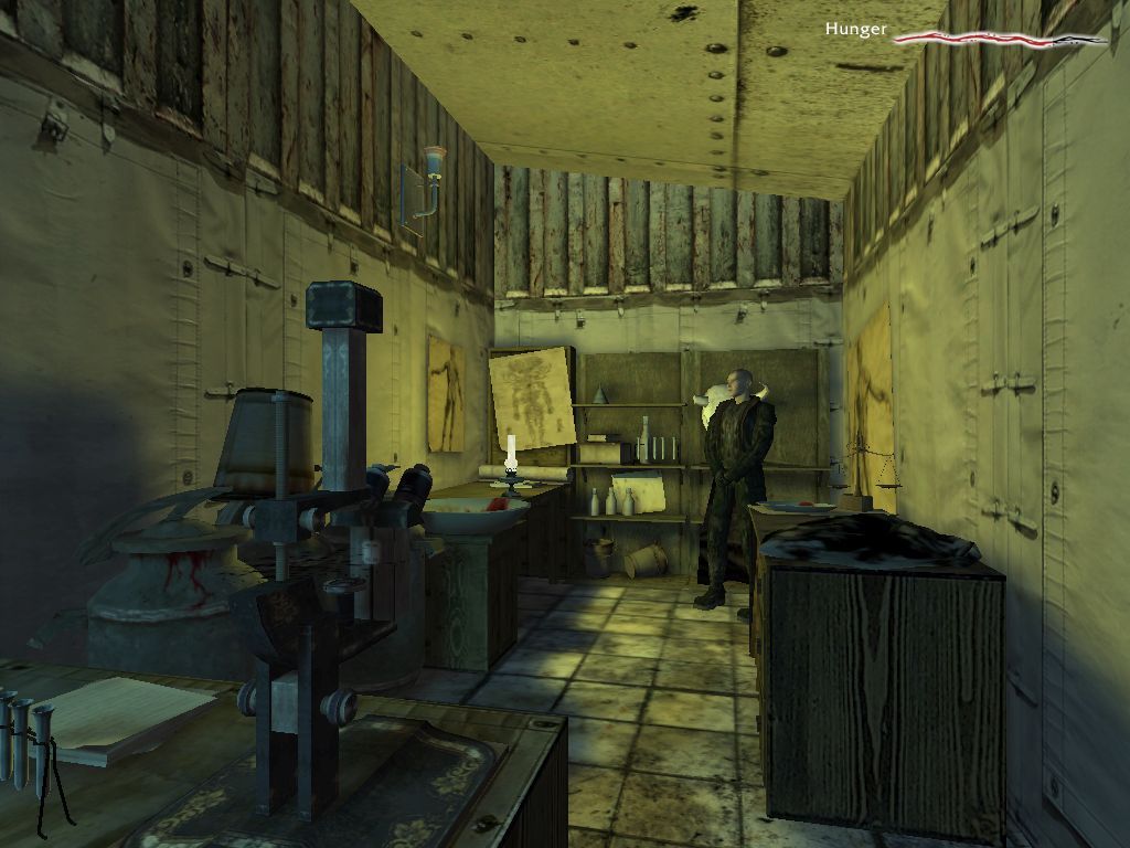 Pathologic (Windows) screenshot: Dr. Rubin, one of the town's few medical practitioners, in his workshop.