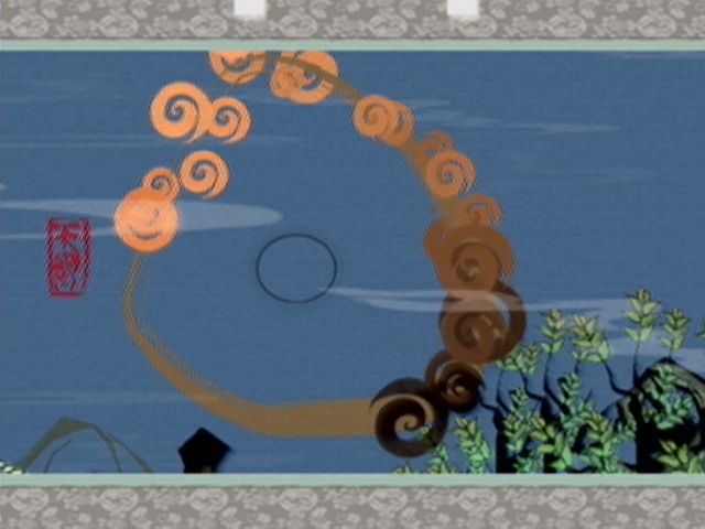 Ōkami (PlayStation 2) screenshot: Using the Celestial Brush to bring the sun into the sky.