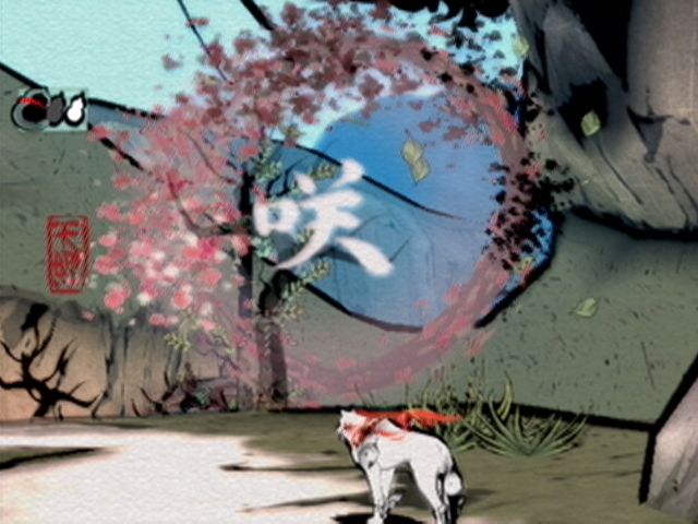 Ōkami (PlayStation 2) screenshot: Using the newly acquired Bloom ability to restore a tree back to life.
