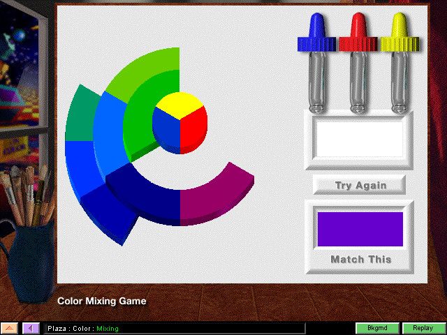 ArtRageous! (Windows) screenshot: Color mixing game: build a hue/saturation color wheel.